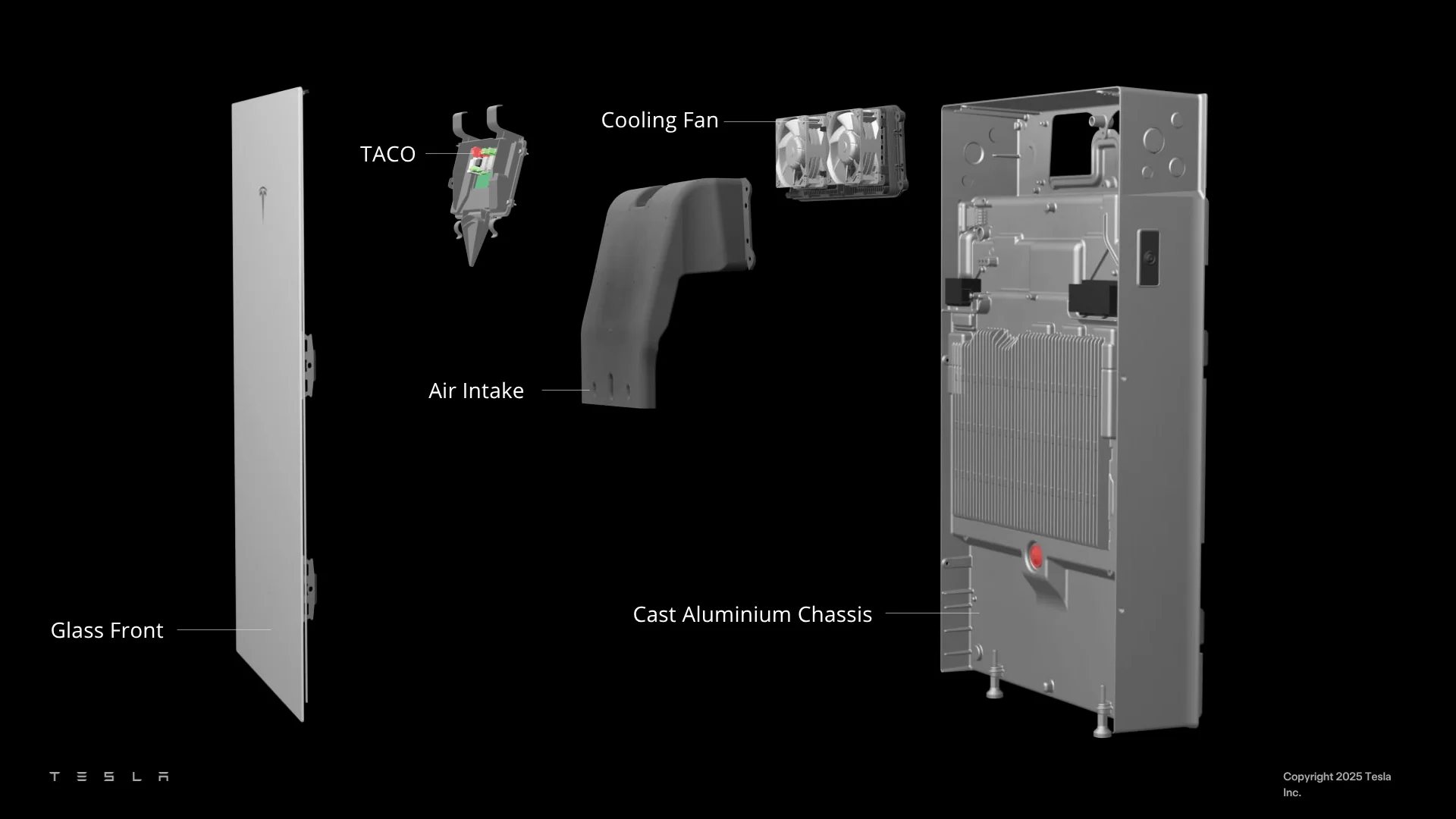 Exploded view of Powerwall 3: glass front, TACO, air intake, cooling fan and cast aluminium chassis