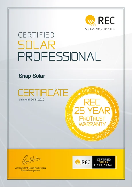 REC Certified Solar Professional certificate issued to Snap Solar